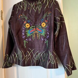 Vintage Blutique -Brown Silk Embroidered Butterfly Floral Jacket Coat Womens S